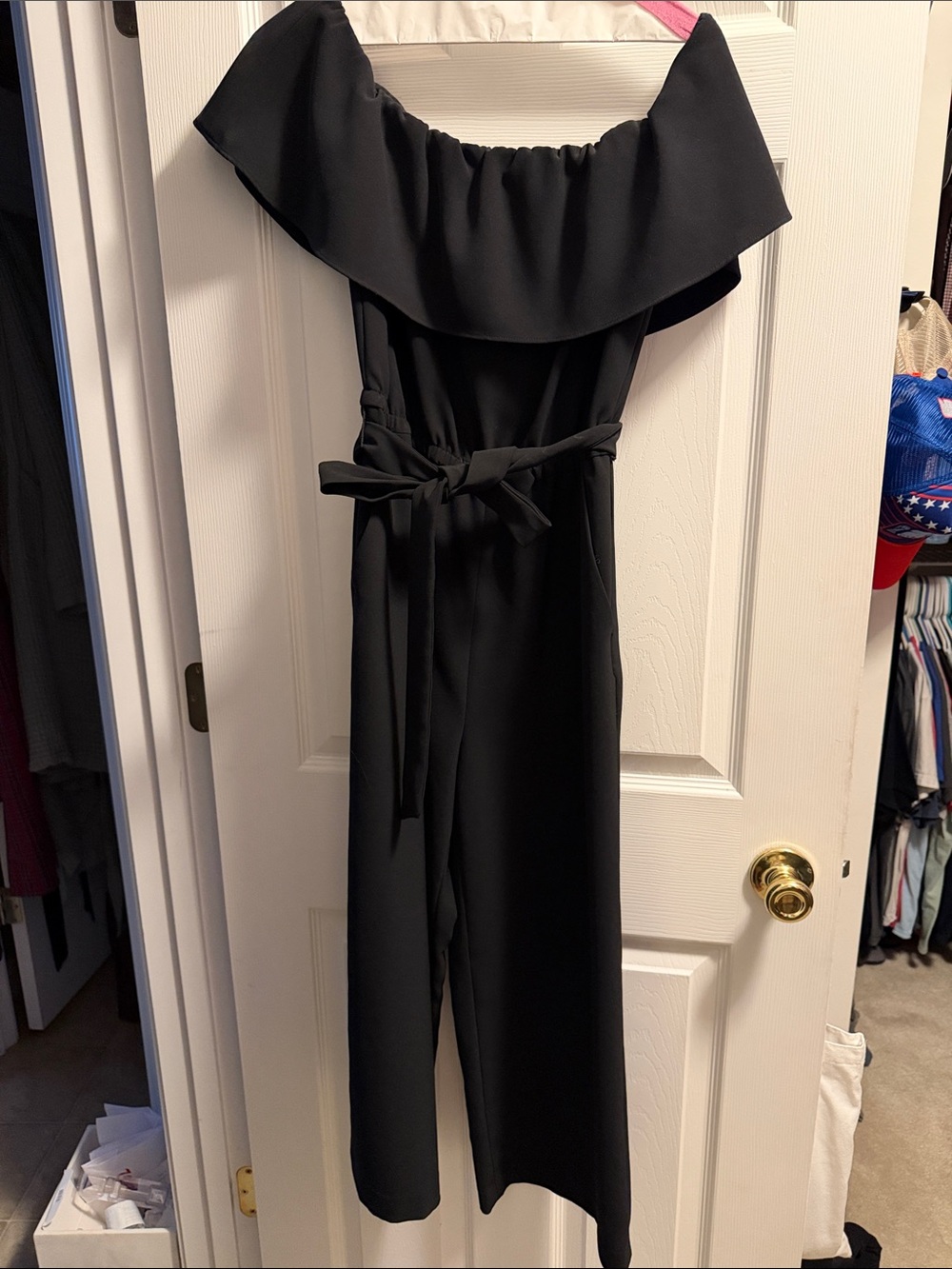 Ann Taylor Black Off-Shoulder Belted Romper